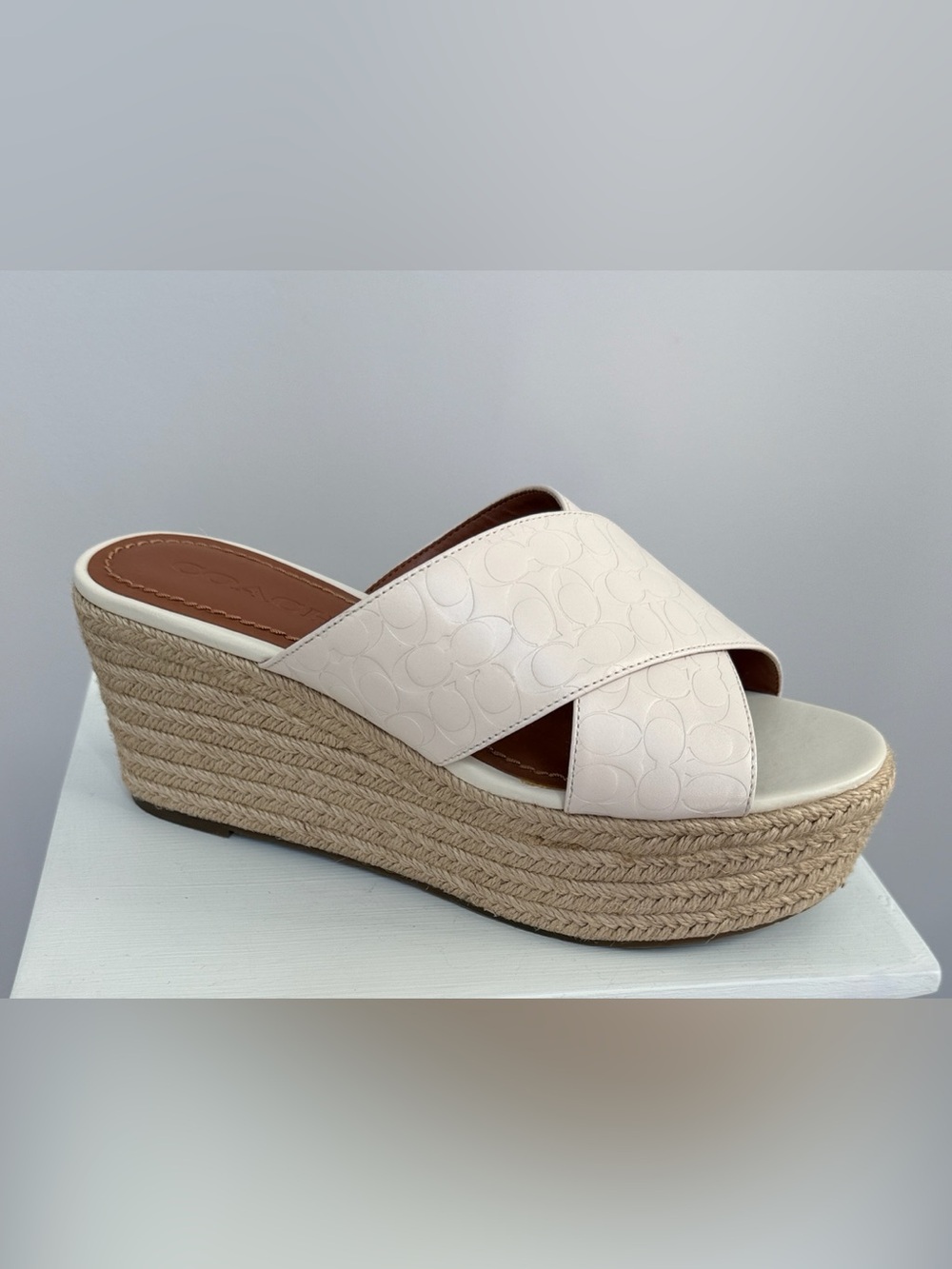 *New Coach Cream Leather Crisscross Espadrille Wedge Sandal
